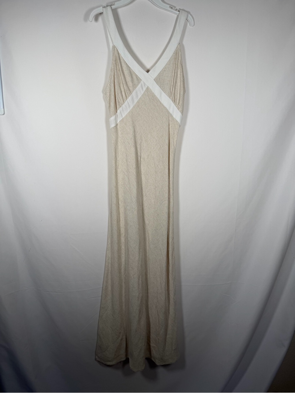 Linen Blend Cream Babydoll Maxi Dress with White Straps Boho, Coastal, Old Money